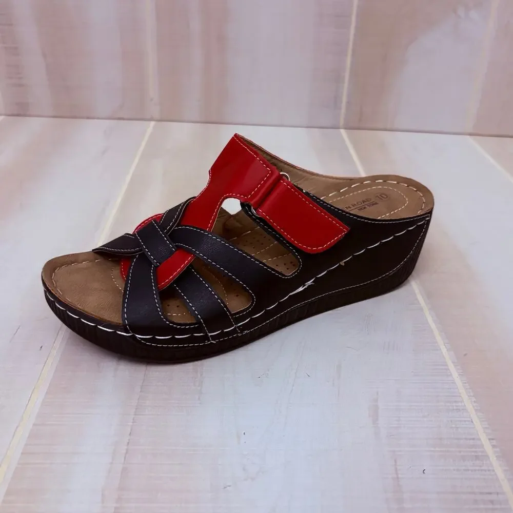 Golden Road Red and Black Comfort Wedge Sandals Sz 10 Slip On Casual Adjustable